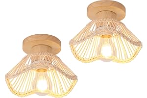 LIGKIN 2 Piezas Lámpara de Techo de Bambú Tejido a Mano Lámpara Techo de Ratán Pantalla E27 Plafón de Madera Vintage para Sala Escalera Pasillo, Ø22CM