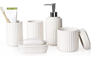 NOVAJOY Badezimmer Set Keramik – 5 Teile, Badezimmer Organizer mit Seifenspender, Seifenschale, Zahnbürstenhalter, Wattestäbchen Kanister, Hochwertiges Badezimmer Deko Set (Beige Weiß)