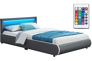 ‎JUSKYS Juskys Polsterbett Sevilla 140x200 cm mit LED Beleuchtung, Lattenrost & Kopfteil - Holz & Kunstleder - 16 Farbeinstellungen & Fernbedienung - Bett Jugendbett Einzelbett - Grau