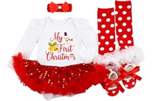 FYMNSI Baby Girls My First Christmas Outfit Newborn Infant 1st Xmas Party Clothes Princess Tutu Romper Dress Bowknot Headband Shoes Leg Warmers 4pcs Set for 0-18 Months