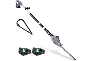 BlueMars Cordless Telescopic Pole Hedge Trimmer Long Reach Extendable - 2x 2.0AH Battery, Shoulder Strap,Charger - For Hedges, Branches -135° Adjustable Trimmer Head - Dual Action Blades