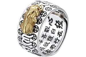 JUANXIAN Anillo de plata con amuleto Feng Shui nuevo vintage Pixiu Pi Yao de protección de anillo ajustable de la suerte budista Mani Mantra Protección Riqueza Anillo de talismán tibetano de la suerte W4710