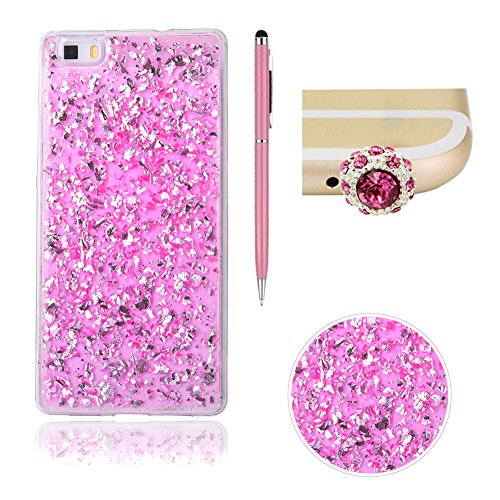 Für Huawei P8 Lite 2016 5.0 Zoll Hülle Glanz ,SKYXD Blattgold Funken Flocken Pailletten Design Schutzhülle Weiche TPU Transparent Silikon Handyhülle mit [ Krone Staubstecker + Eingabestift ] Glitzer Kristall Handytasche Schick Klar Zurück Haut Schlank Etui Schale Fall - Pink
