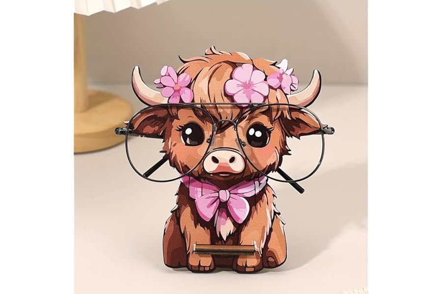 1PC Creative Eyeglasses Holder Animal, Highland Cow with Flowers Gift Idea & Office Ornament Indoor Use, Desk for Nightstand (Compatible with Regular & Reading Glasses) 5.9 in (YJZJ-01)