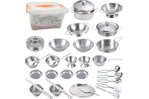 GOLCUGYJH Kitchen Pretend Play Accessories - Mini Stainless Steel Cookware Set with Portable Storage Box, Cooking Utensils, Pots and Pans, Role Play Educational Toys for Kids Toddlers Boys Girls