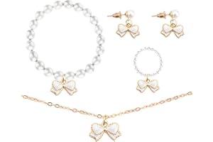 FADCAER 4 Pezzi Set di Gioielli per Ragazze Gioielli Bambina Set di Gioielli per Bambine Arco Ciondolo Perla Ragazze Bracciali Collana Anelli Orecchini Gioielli per Feste Set di Accessori