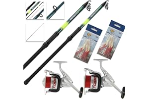DNA LEISURE 2x Telescopic Beachcaster Sea Fishing 12ft (3.6m) Rod and Reel Combo + Feathers