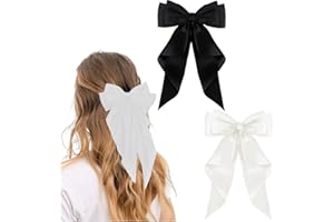 SUWIWKKOA Big Bow Hair Clips with Long Silky Satin,Hair Ribbons For Women,Big Bow Hair Barrette Clips Black Hair Bow Barrette Clips Soft Satin Bow Hair Barrettes Solid Color Bow Hair Clips for Girls,2Pcs