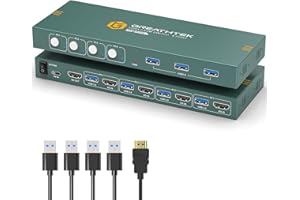 GREATHTEK USB 3.0 KVM Switch HDMI 4 Ports 4K@60Hz, Commutateurs KVM,HDCP2.2,HDMI2.0,Avec 3 Ports USB3.0,Switch KVM avec 1 câble HDMI et 4 USB Câbles