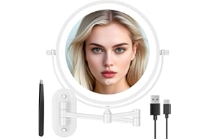 Auxmir Specchio Trucco con Ingrandimento, Specchio da Parete a 54 LED 3 Colori di Luce, Specchio Estensibile, Rotazione a 360°, Alimentato da Batterie Ricaricabile 3200mAh, per Bagno, Bianco 30X-USB