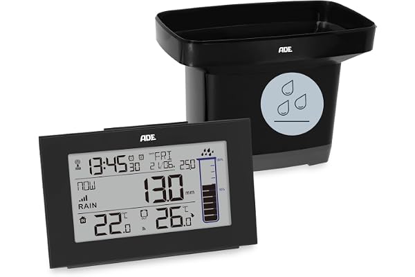 ADE Pluviomètre exterieur jardin | resistant au gel | station météo avec thermomètre interieur et exterieur sans fil | horloge radiopilotée avec 2 heures de reveil | affichage de la date | piles incl.