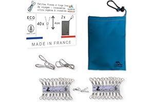 MADE IN NOMAD Dry Hard 40 petites Pinces à Linge Inox avec Panier Pince à Linge et Mousqueton. Pour Buanderie, Fil à linge, séchoir à linge, camping accessoires, vanlife, épingles a linge solides, durables, nomades