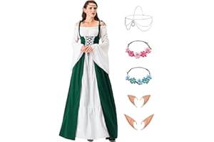 Velmawig Damen Mittelalter Renaissance Kostüme Kleid Gothic Kleidung Steampunk Elfen Piraten Cosplay Karneval Kostüm Vintage Kleider mit mit Elfenohren Haarschmuck Socken für Fasching Halloween