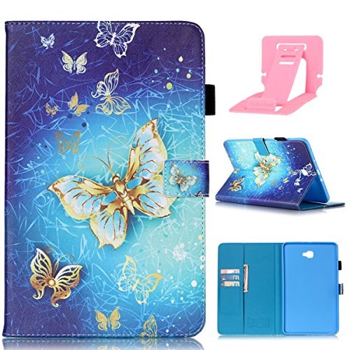 Galaxy Tab A 10.1 Hülle,Galaxy Tab A 10.1 Zoll 2016 T580N Lederhülle Flip Wallet Case,Galaxy Tab A 10.1 PU Leder Standplatz Fall Hülle Case,Ekakashop Bunt Gold-Schmetterling Muster Bookstyle Folio Schale Weichen Silikon Schutzhülle Klapptasche Etui Magnetverschluß mit Standfunktion Kartenfächer für Samsung Galaxy Tab A 10.1 Zoll 2016 T580N + 1x Kostenlos Ständer (Farbe zufällig)