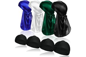 TSKNOMO 4 Pcs Silky Durag Pack Doo Rag with Long Tail and 4 Pcs Satin Wave Cap Perfect for Men 360 Waves