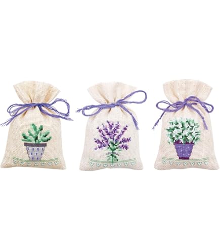 Kit Punto Croce VERVACO Set Di 3 Fiori E Lavanda - Sacchetti Bomboniere Da Ricamare, 8x12 Cm