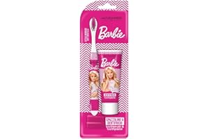 Naturaverde | Kids - Mattel Barbie - Mundreinigungsset für Kinder, Erdbeer- und Karamellzahnpasta 25 ml und Zahnbürste mit weichen Borsten, Barbie-Zahnpasta