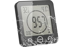 ALLOMN Orologio da Bagno, Doccia Orologio Allarme Impermeabile Toccare Controllo ℃/℉ umidità Temperatura, Timer per il Conto Alla Rovescia, 3 Metodi di Montaggio, Alimentazione a Batteria (Nero)