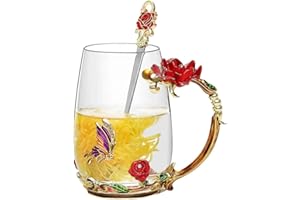 Biigming Tasse à thé en Verre émaillé de Papillons Fleurs avec Cuillère en acier, Cadeau Parfait pour Femme, épouse, Petite Amie, Fête des mères, Saint-Valentin, Anniversaire (Rose-350ml)
