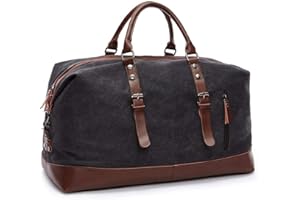 AUTUMNDEER TILEMALL Oversized Canvas Holdall Travel Carry On Duffel Bags Plus Handbag Shoulder Bag Crossbody Overnight Weekend Bag Unisex Travel Holdall Handbag with PU Leather Handle (Black)