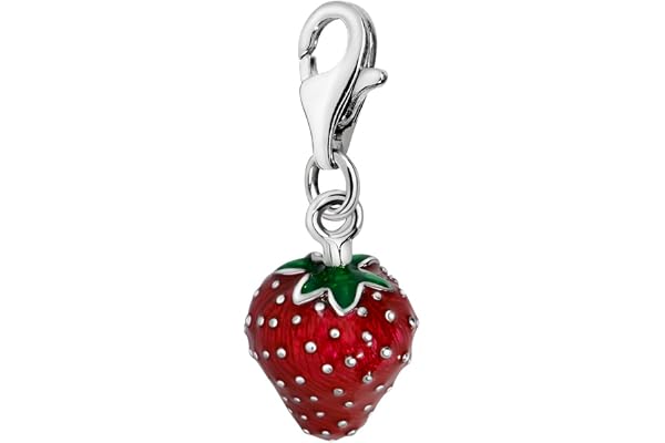 Quiges Charm Pendentif Breloque avec Fermoir Femme Plaqué Argent Émail Rouge Et Vert 3D Fraise