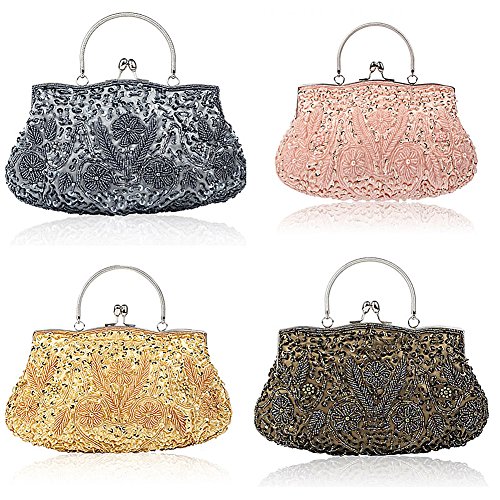 Collection Antique Floral Seed Bead Sequin Soft Clutch Evening Bag Designer Purse Large Clutch Handbag (Gold)