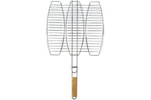 EMPOTEC Griglia Pesce BBQ Barbecue 38x37cm Apertura a Libro Metallo e Legno Graticola Arrostire 3 Pesci Piastra Forno Giardino PIC Nic