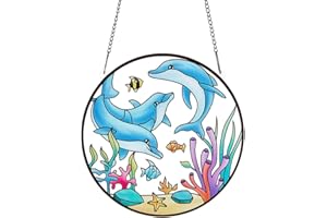 PLIGREAT Suncatchers Sea Fish Dolphin Acrylic Stained Glass Sun Catcher Summer Patio Garden Hanging Tree Ornaments for Bedroom Living Room Window Decoration Wall Art Decor Housewarming Memorial Gifts