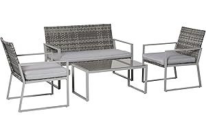 Outsunny 4PC Rattan Garden Furniture Set 2 Single Sofa Arm Chairs 1 Bench with Cushions & Coffee Table Patio Backyard Wicker Weave