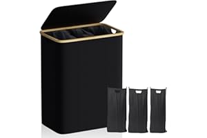 160L Laundry Basket with Lid, Hiyorsoa 3 Section Laundry Basket with Bamboo Handle and 3 Removable Compartments, Extra Large Foldable Laundry Hamper Bin Washing Basket for Bedroom, Bathroom, Dorm