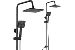 GOYOXOKY Shower Riser Rail Kit, Rainfall Shower Head with Handheld Shower, Stainless Steel 8” Square Shower Head and Hose Set Shower System Without Tap, Shower Mixer Set Matte Black