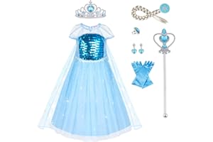 URAQT Elsa Vestito Set, Costume Vestito Bambina Principessa, Set da Principessa Corona Bacchetta Guanti Treccia, Cosplay Party Halloween Abito delle Ragazze di Natale Vestito Fantasia