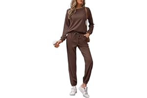 REORIA Womens Long Sleeve Crewneck Solid Color Two Piece Outfit Hoodie Jogger Tracksuit Set Sweatshirt & Sweatpants