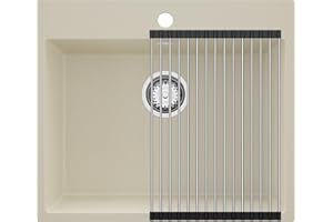 PRIMAGRAN Fregadero Cocina Beige 58x50cm, Granito 1 Seno + Sifón + Enrollable Escurridor, Sobre encimera al mueble 60cm - Riga S213