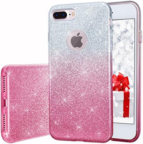 iPhone 8 Plus Case , iPhone 7 Plus Case ,SENCEE Bling Glitter Pretty Cute Case for Girls Lady Women 3 Layer Hybrid Anti-Slick Protective Soft Slim Thin TPU Case for iPhone 8 Plus iPhone 7 Plus (Silver+Pink)