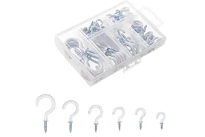 HAQATR 70Pcs Screw Hooks Heavy Duty,Screw in Hooks,Plastic Coated Ceiling Hooks Screw-in Kitchen Cabinet Hooks for Hanging Key,Jewelry,Mug Cup Indoor and Outdoor Use(White)