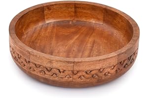 EDHAS Decorative Red Finished Mango Wood Round Carved Bowl for Food, Fruits, Salad, or Popcorn – Kitchen Counter (25.4cm x 25.4cm x 6.35cm)