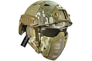 LEJUNJIE PJ Airsoft Paintball Fast Helm mit faltbarem Gehörschutz halbe Stahlnetz Maske und Brillen Set