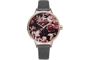 VICTORIA HYDE Zegarek damski z wzorem kwiatowym, cyferblat analogowy, mechanizm kwarcowy, skórzana bransoletka, szary