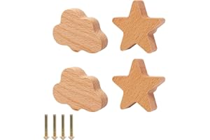 AIUOVEW 4 Große Schrankknöpfe aus Massivholz: Kinderzimmer-Dekoration im natürlichen Look mit Sternen- und Wolken-Design. Geeignet als Knauf für Schränke und Kommoden.