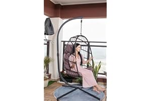 MOJIA Egg Chair with Stand and Oxford Cover, 450lbs Capacity Patio Wicker Hanging Swing Chair with UV Resistant Cushion and Foldable Seat Basket