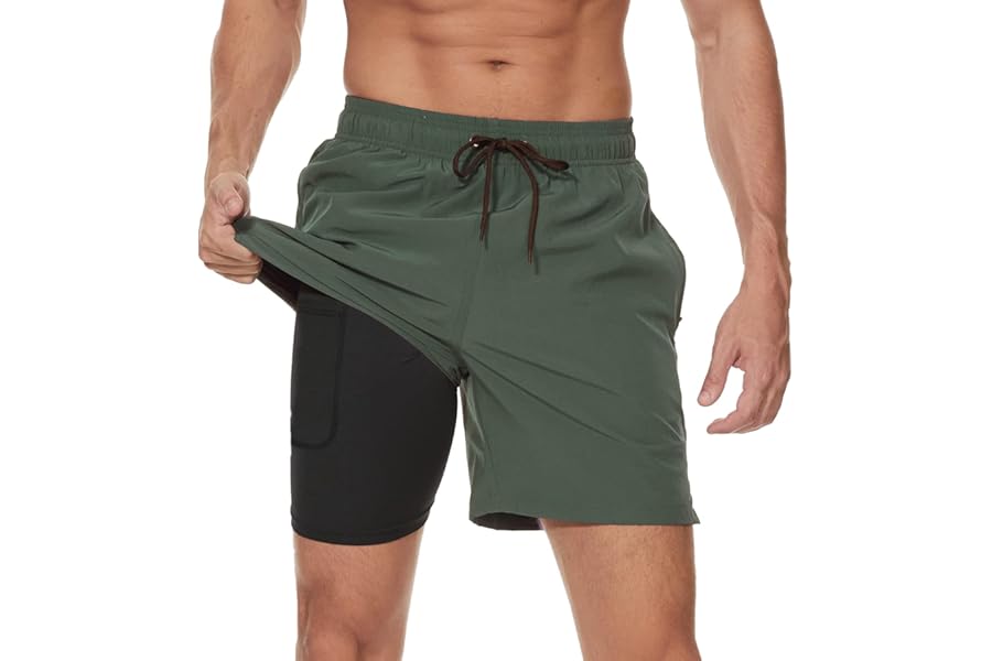 Arcweg Men's Swim Trunks Mens Swimming Shorts with Compression Liner Quick Dry Stretchy 2 in 1 Board Shorts with Zipper Pockets