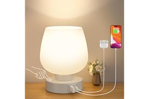 kakanuo Lampada da Comodino, Lampada da Tavolo Touch Dimmerabile in Vetro Bianco con Porte USB-C+A, Piccola Abat Jour da Comodino con Filo per Camera da Letto Soggiorno Ufficio(Lampadina Inclusa)