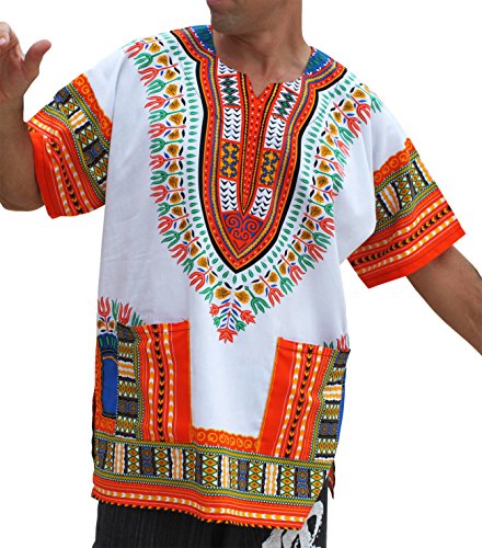 RaanPahMuang Brand Unisex Bright African White Dashiki Cotton Shirt, X-Large, Light Orange