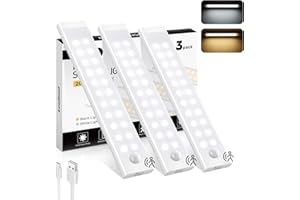 LOUBOUT Reglette Led Cuisine, 44 LED 20cm Detecteur de Mouvement Interieur, 2 Couleurs Temps Lampe de Placard, Rechargeable & Dimmable Led Cuisine Sous Meuble Veilleuse pour Armoire, Escalier,(3 pièces)