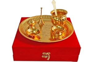 IMTRA FASHION Pooja Thali Set 7 Pezzi con Scatola di Velluto Rosso Tradizionale Artigianale Thali Set per Pooja Arti Indiano Occasionale Regalo Puja Thali 8,5 Pollici