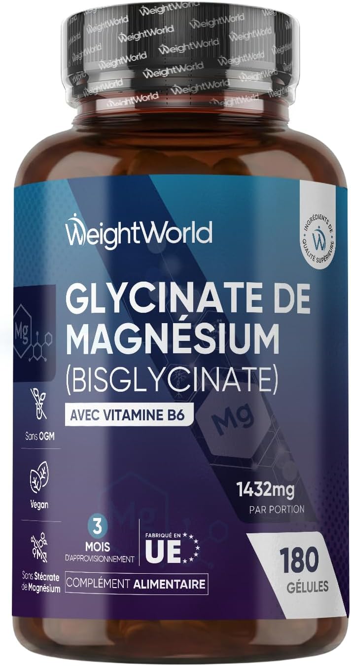Magnesium Bisglycinate + Vitamine B6 1432mg - 180 Gélules Vegan | le Magnésium Contribue à Réduire la Fatigue & l'Épuisement (EFSA) - 2 Gélules par Jour pour 3 Mois d'Approvisionnement