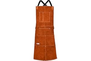 LeaSeek Grembiule per Saldatura in Pelle Bovina con 6 Tasche per lavoro degli Utensili Pesanti con filo più Forte di Kevlar Americano, Regolabile da M a XXL per Uomo e Donna