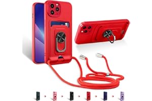 Zyweil kompatibel mit iPhone 12 Pro(6.1"),Necklace Hülle, mit 360°Ring Ständer magnetisches Eisenblech Kartenhalter Silikon Schutzhülle-Red
