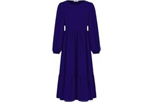 Arshiner Sukienka dziewczęca z rękawem na co dzień, okrągły dekolt, długie sukienki dla dzieci, linia A, sukienka swingowa, odświętna sukienka imprezowa dla dzieci z kieszenią, 6-14 lat